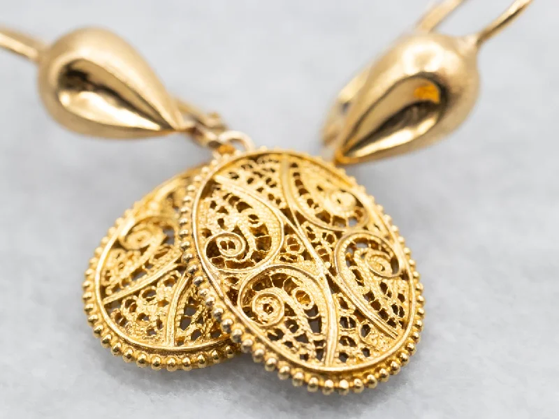 Gold hoop earrings for casual wear -Ornate Gold Filigree Drop Earrings