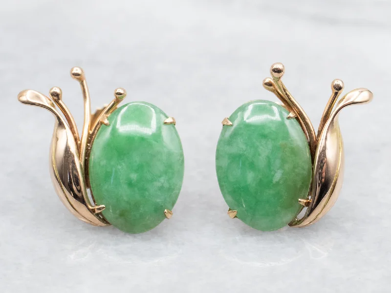 Long dangling earrings for evening wear -Vintage Yellow Gold Jadeite Stud Earrings