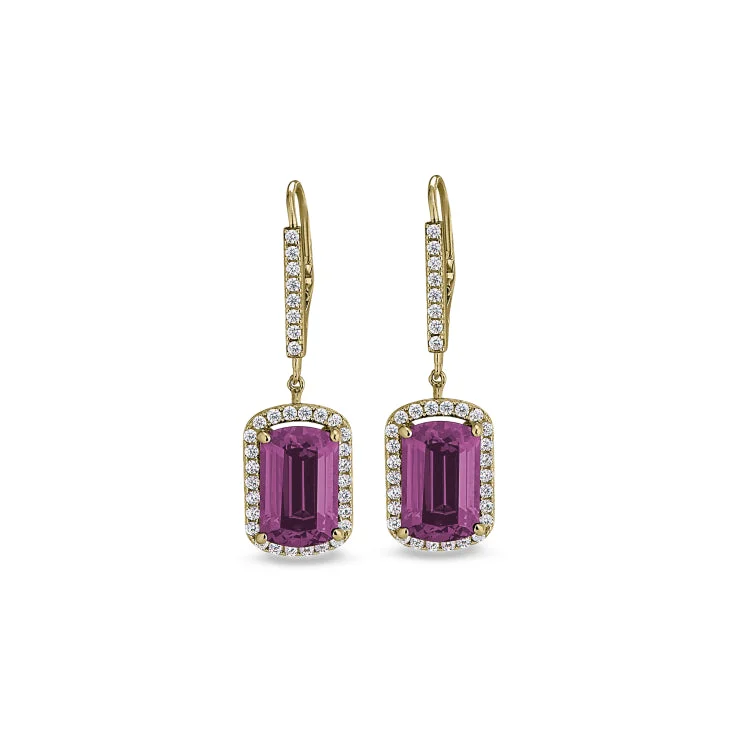 Statement earrings with bright gemstones -Gold Finish Sterling Silver Micropave Emerald Cut Pink Stone Earrings with Simulated Diamongs