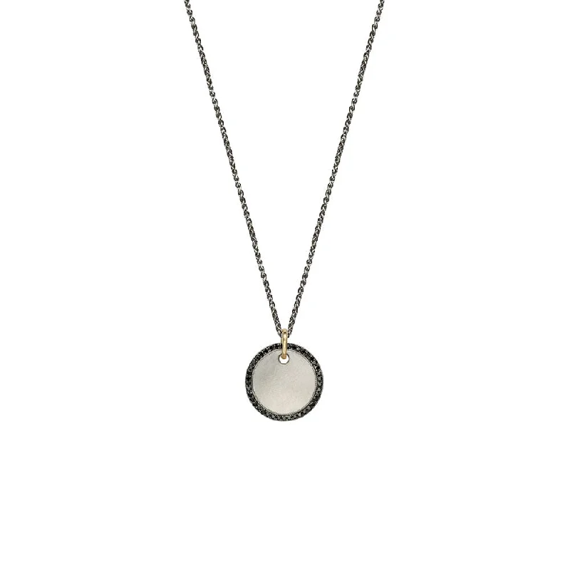 Colorful gemstone necklaces for vibrant looks -Sterling Silver Vintage Finish WADE Disc Pendant with Black Diamonds