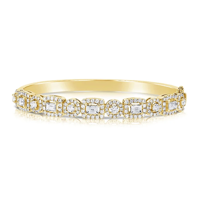 Trendy bracelets-14K Yellow Gold Mixed Shape Round and Baguette Diamond Hinged Bangle