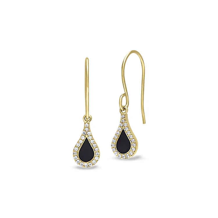 Chic tassel earrings for bohemian style -Gold Finish Sterling Silver Micropave Black Enamel Teardrop Earrings with Simulated Diamonds