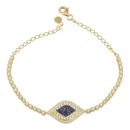 Animal charm bracelets-14k Yellow Gold Evil Eye & Crown Prong Diamond Tennis Chain Bracelet