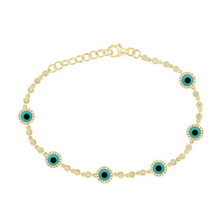 Spiritual bracelets-14K Yellow Gold Diamond and Turquoise Evil Eye Bracelet