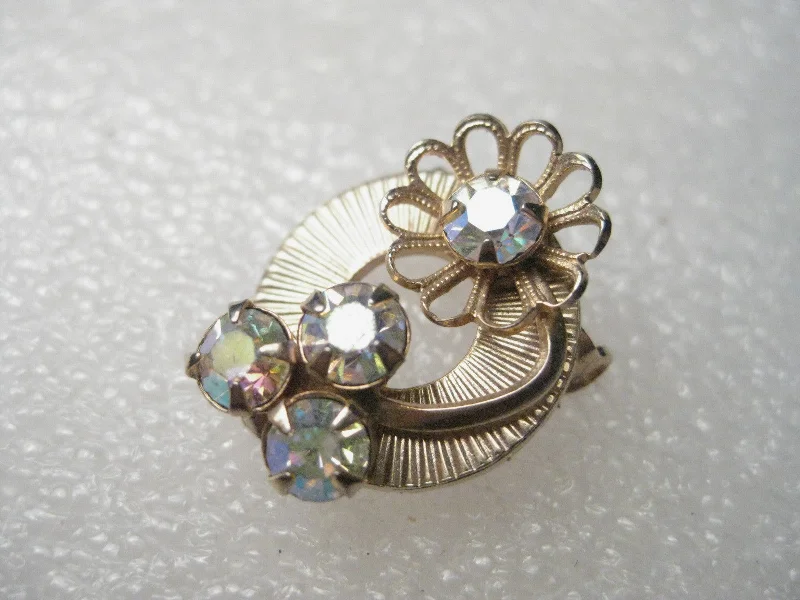 Bow brooch-Vintage Gold Tone 1940's Art Deco Circle Pin, A.B. Rhinestone Accents, Petite