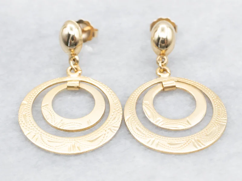 Custom drop earrings for special events -Etched Gold Circle Drop Earrings