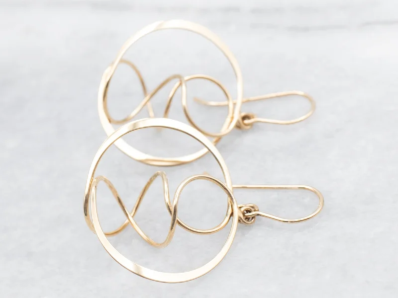 Unique earrings with abstract patterns -Twisting Polished Gold Circle Drop Earrings