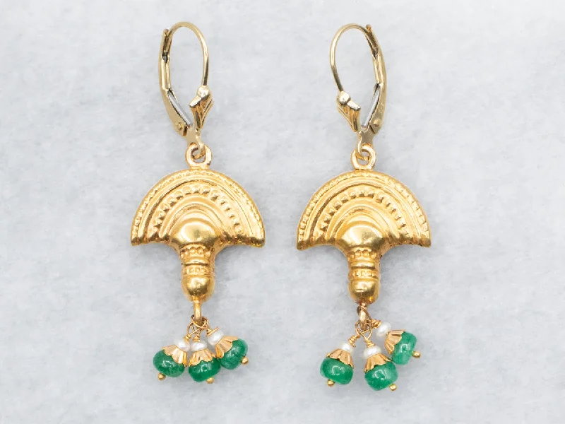 Retro-inspired earrings with vintage designs -Yellow Gold Drop Earrings with Emerald and Seed Pearl Accents