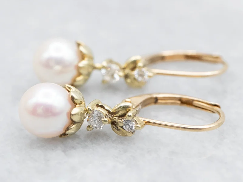 Luxury diamond earrings for evening wear -Saltwater Pearl Drop Earrings with Diamond Accents