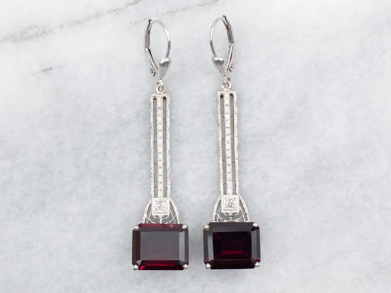 Elegant long earrings with hanging crystals -East to West Rhodolite Garnet and Diamond Drop Earrings