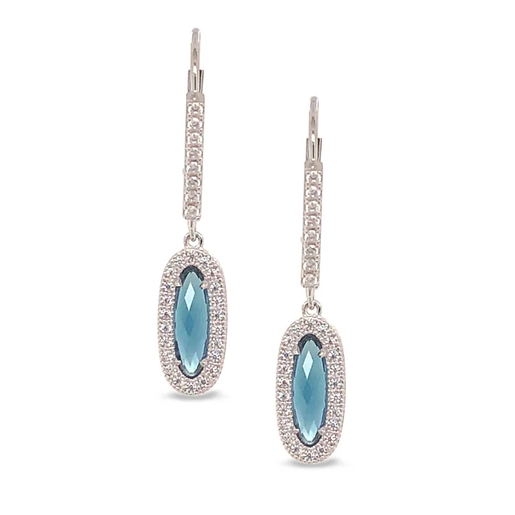 Custom flower earrings for spring fashion -Platinum Finish Sterling Silver Micropave Oblong Earrings with Simulated London Blue Topaz and Simulated Diamonds