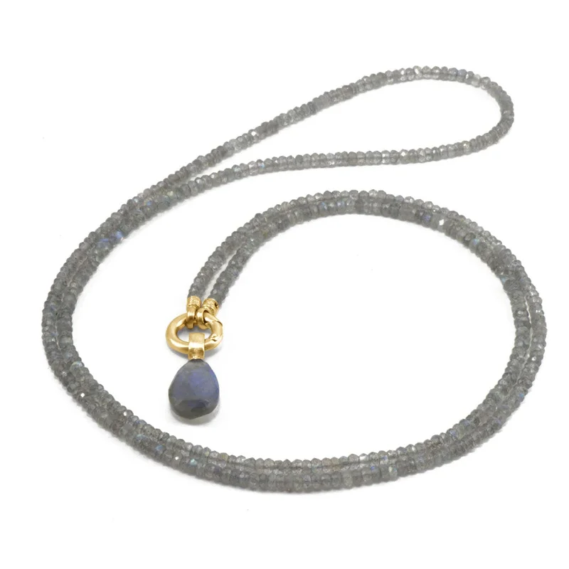 Fashionable personalized birthstone necklaces -Labradorite Drop and Bead Necklace, 24 Karat Vermeil