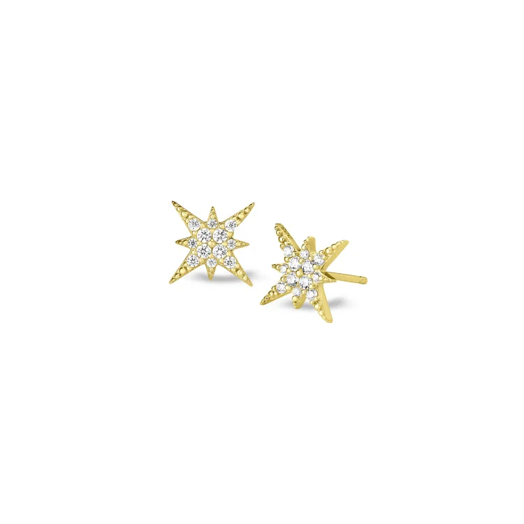 Modern geometric earrings for edgy looks -Gold Finish Sterling Silver Micropave Starburst Earrings with Simulated Diamonds