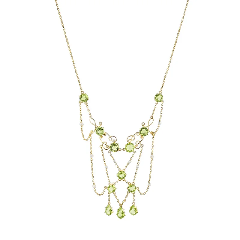 Gold chain necklaces for everyday wear -Mid-century Peridot and Pearl Bib Necklace