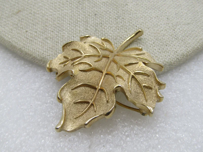 Crystal flower brooch-Vintage Crown Trifari Leaf Brooch, Gold Tone, Textured & Shiny, 1960's-1970's, 2.25"