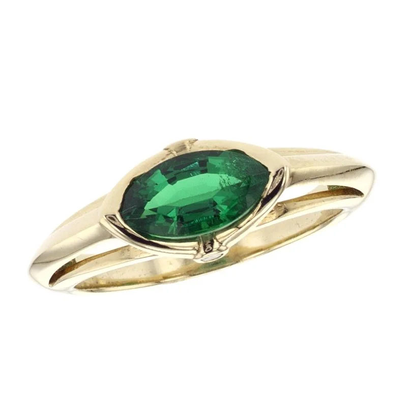 Elegant sapphire and diamond rings for luxury wear -14K Yellow Gold 1.10 CT Lab Grown Emerald Gemstone Marquise and 0.02 CT Round Diamond East-West Ring