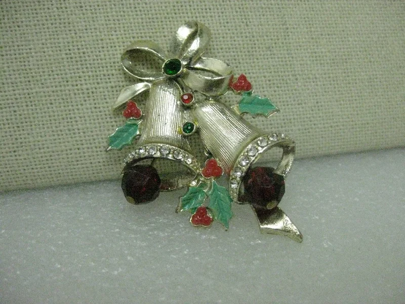 Green gemstone brooch-Vintage Gold Tone Christmas Bells Brooch, Enamel Accents, 1960's.  2", Rhinestone Accents