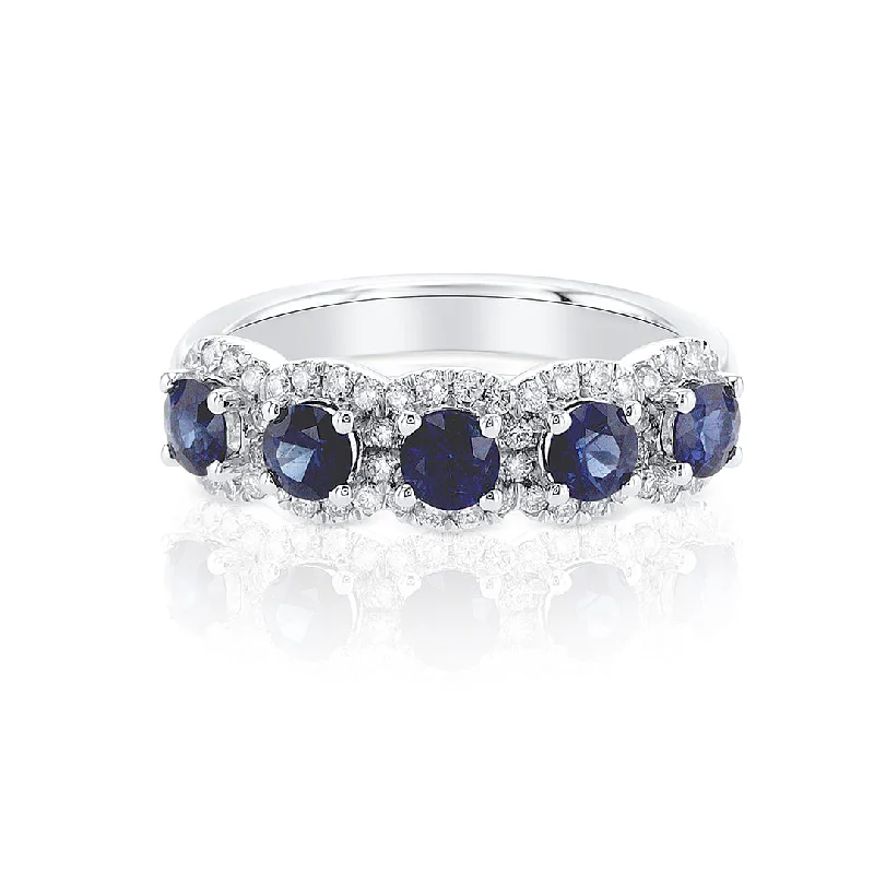 Vintage diamond rings for timeless beauty -0.85 Cttw Round Sapphire and 0.25 Cttw Diamond Halo 14K White Gold Band