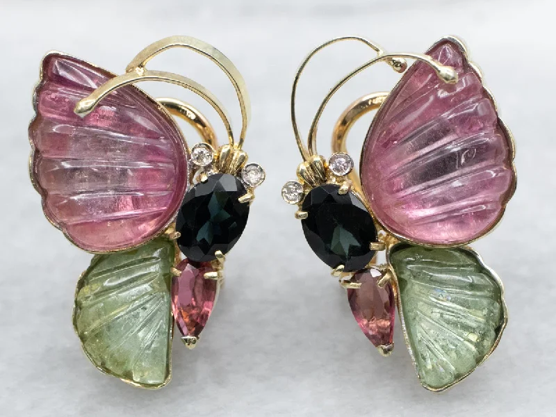 Minimalist silver earrings for subtle elegance -Multi Colored Tourmaline and Diamond Butterfly Earrings