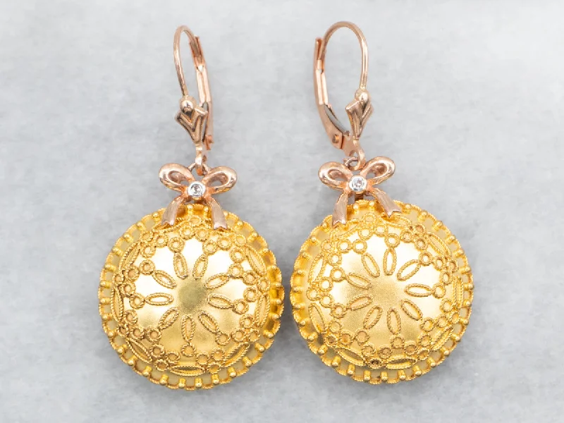 Fashionable drop earrings for evening wear -Two Tone Mandala Drop Earrings with Bow Detail and Diamond Accents