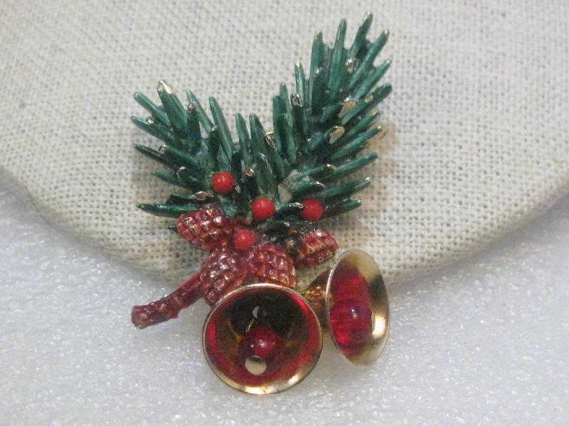 Brooch for collar-Vintage Gold Tone Green Enameled Pine Branch & Bells Christmas Brooch, Pine Cones  by ART, 1960's